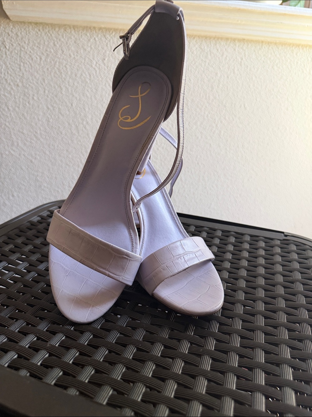 Women's White Croc-Texture Ankle Strap Heels